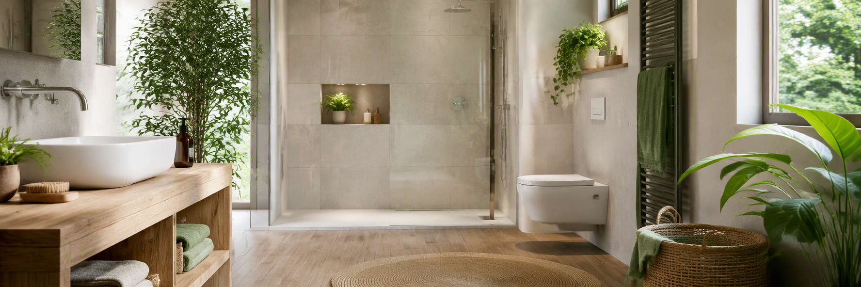 Nachhaltige Badsanierung: modernes Bad mit wassersparenden Armaturen und natürlichen Materialien